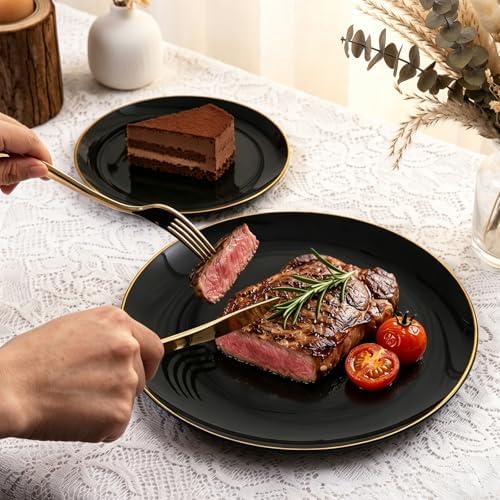 YOUBET 125PCS Black Plastic Plates with Gold Rim for Halloween - Image 4