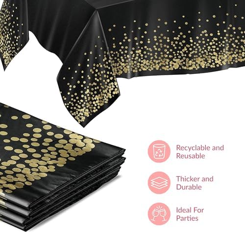Prestee 4 Pack Gold and Black Table Cloth Rectangle Table Covers 54 x 108 Inches - Plastic Table Cloth Disposable for Parties, Dining and Events - Black Tablecloths for Weddings and Celebrations - Image 5