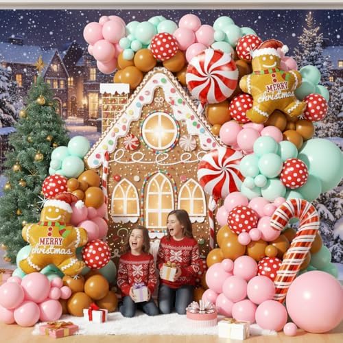 153Pcs Christmas Balloon Arch Garland Kit Xmas Pastel Pink Green Brown Latex Balloons Gingerbread Man Candy Cane Foil Balloons Arch Kit for Christmas New Year Party Birthday Party Decorations - Image 5