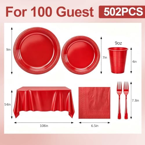 100 Guests Red Plastic Plates and Napkins Party Supplies for Birthday - Image 3