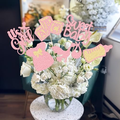 Gyufise 12Pcs Baby Shower Centerpiece Sticks Glitter Tie Onesie Oh Baby Gender Reveal It's a Girl Table Centerpiece Sticks for Baby Shower Gender Reveal Kids Birthday Party Supplies Pink - Image 7