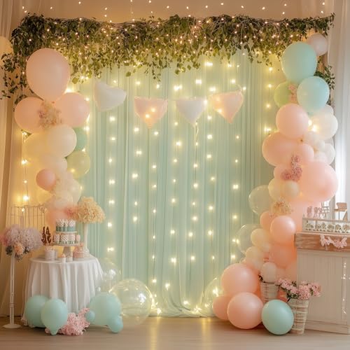 Tulle Backdrop Curtain with Lights 10x8FT Sage Green Sheer Curtains - Image 6