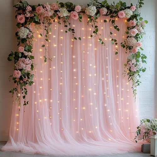 Tulle Curtain Backdrop with 300 LED Fairy Lights for Parites Wrinkle-Free Sheer Curtain Drapes Photo Back Drop for Wedding Baby Shower Bridal Shower Birthday Dance Home Décor - 10ft×10ft, Pink by HOLITS