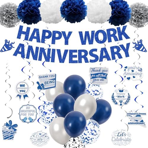 Happy Work Anniversary Decorations Banner, Blue Silver Work Anniversary Set by ChenjunCo