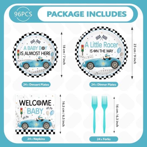 96Pcs Blue Race Car Baby Shower Decorations for Boys, Serves 24 - Image 2