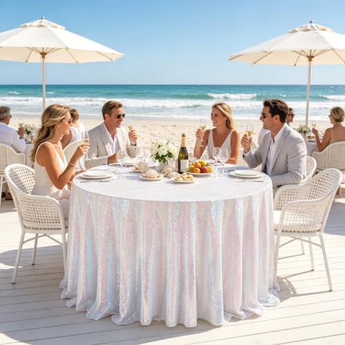 Pufogu 120" Round Iridescent Sequin Tablecloth Glitter White Table Cloths for Birthday Wedding Bridal Baby Shower Party Decorations - Image 6