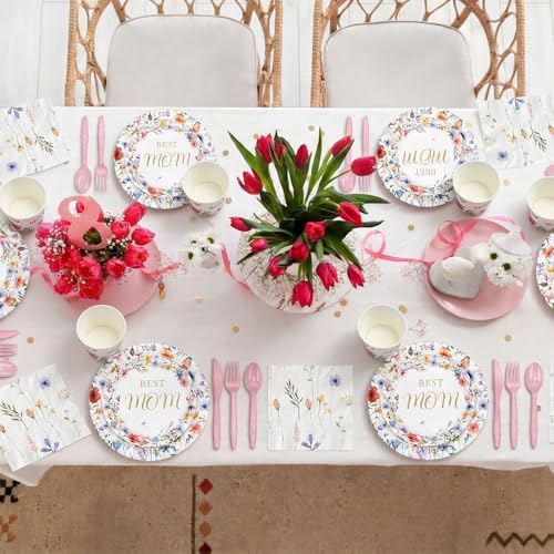 Yungyan 252 Pcs Mother's Day Wildflower Party Tableware Set Happy Mother's Day Floral Paper Plates Napkins Cups Forks Knives Cutlery for Party Decorations Supplies - Image 3