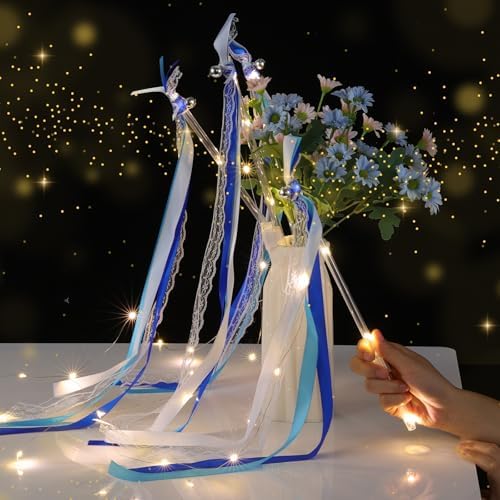 100 Pcs Wedding Wands Ribbon with 3 Colorful Flashing Modes, Light up LED Silk Fairy Wands, Glow Lace Stick with Bells for Wedding Reception, Graduation, New Year, Birthday Party (Blue) - Image 5