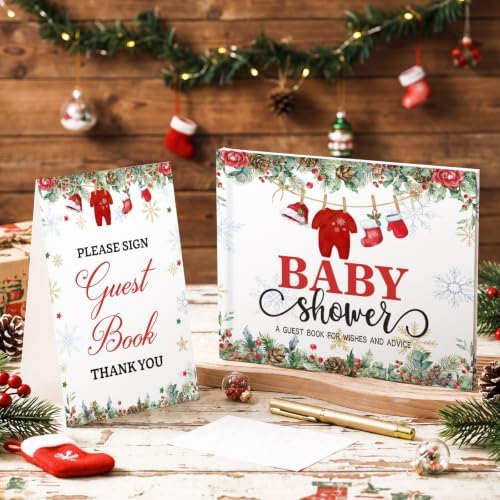 Fuyoooo 27 Pcs Christmas Baby Shower Guest Book Gold Pen Photo Corner - Image 2