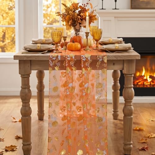 Artoid Mode 3-Pack Fall Gauze Table Runner 120 Inch, Metallic Foil Leaves - Image 2