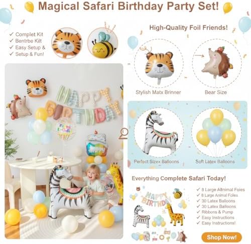 Animals Happy Birthday Foil Balloon Decorations Kit for Kids Birthday, Jungle Zoo Theme Zebra Giraffe Tiger All-In-One Party Supplies with Birthday Banner (Animal Birthday Set) - Image 5