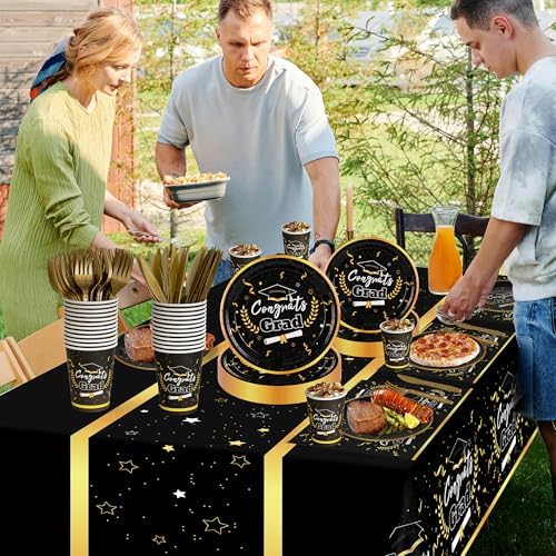 Graduation Party Decor - 147 PCS Disposable Tableware, Black & Gold Congrats Grad Decor, Tablecloth, Knives, Forks, Plates, Napkins, Cups - Serves 24 - Image 3