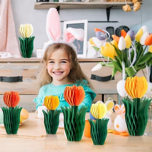 SUNBEAUTY 8PCS Flower Honeycomb Decoration Spring Decorations for Office Spring Table Decor Tulip Honeycomb Flower Mother's Day Decoration Orange Tulip Decor Spring Decor Tulips Table Centerpieces - Image 6