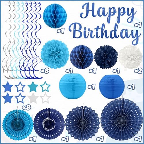 Navy Blue Birthday Party-Decorations - 29pcs Blue Party Decorations for Men Boys, Happy Birthday Banner Paper Streamers Lanterns Tissue Pom Poms - ZERODECO - Image 2