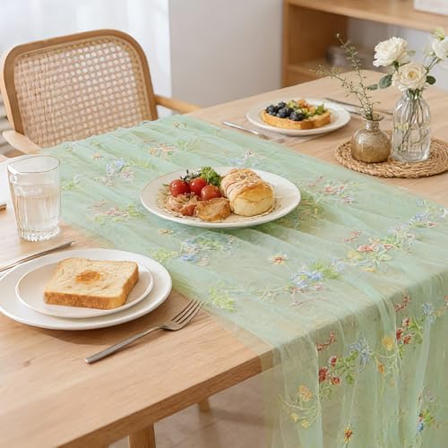 BINBE 1pcs Sage Green Florals Table Runner Embroidery Gauze 10FT Daisy Seasonal Tulle Birthday Wedding Holiday Kitchen Dining Table Decor for Home Party - Image 6