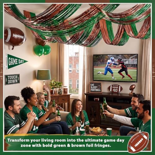 Breling 8 Pcs Green Brown Ceiling Fringe Curtains, Football Foil Drapes - Image 3