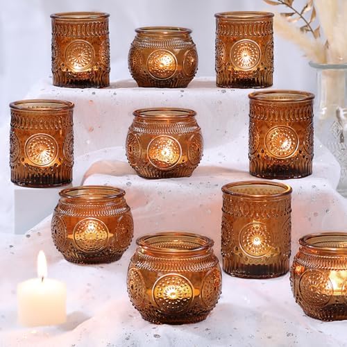 DARJEN 12Pcs Amber Votive Candle Holders - Vintage Glass Candle Holders for Flameless LED Tea Waxes, Tealight Candle Holder for Wedding & Home Table Decor, Vintage Parties by DARJEN