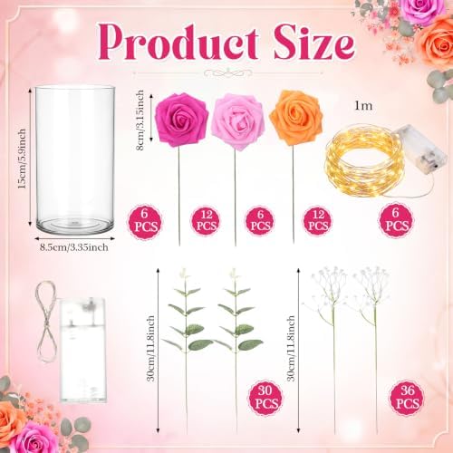 Domensi Set of 6 LED Lighted Floral Table Centerpieces, Faux Roses, Eucalyptus & Baby's Breath in Acrylic Vase, Glowing Rustic Wedding Decor for Bridal Shower & Dining Table (Rose Red, Pink, Orange) - Image 2