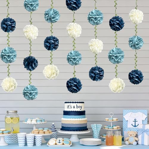 Dusty Blue Party Decorations Dusty Navy Blue Beige Tissue Paper Flowers Pom Pom with Leaf Ribbon Hanging Garland Streamer for Birthday Wedding Graduation Retirement Nautical Party Supplies - Image 7