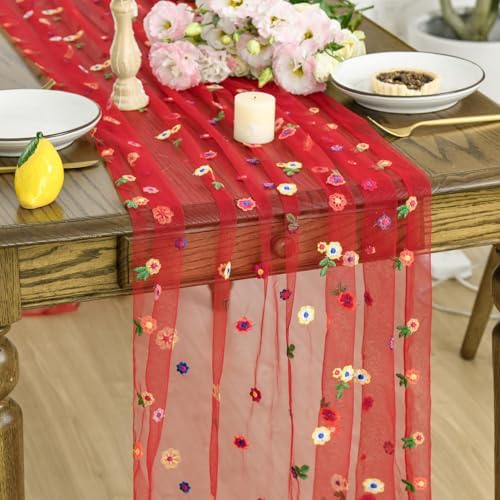 Artoid Mode Red Embroidery Daisy Gauze Table Runner 120 Inch 10FT by ArtoidMode