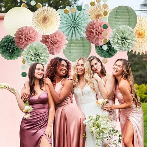Sage Green and Dusty Pink Party Decorations Green & Pink Party Decor Sage Tissue Pom Poms Paper Lanterns Beige Paper Fans for Women Girls Birthday Wedding Bridal Shower Baby Shower Party Decor - Image 2