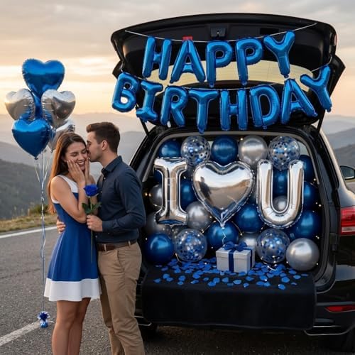 Romantic Birthday Decorations for Him I LOVE YOU & HAPPY BIRTHDAY Foil Balloons & Rose Petals,Blue Silver Special Night Decorations, Husband Anniversary Surprise,Bedroom,Men Boyfriend Hotel Decor - Image 5