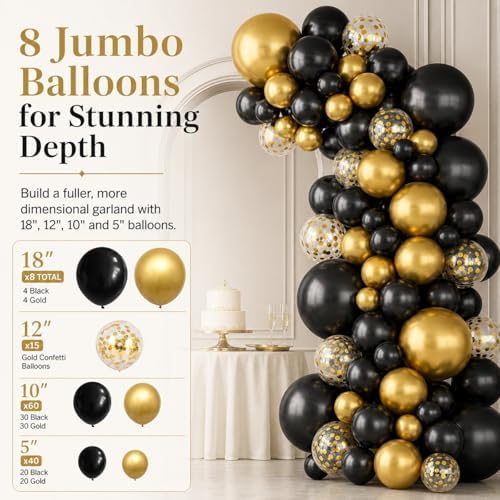 Black and Gold Balloon Arch Kit, 127 PCS Black Gold Balloon Garland with 8 Jumbo 18 Inch Metallic and Confetti Balloons for Men Birthday, Graduation, Retirement and New Year Party Decorations - Image 3