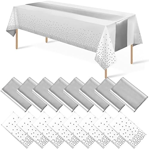 MASHAN 16Pack Disposable Plastic Tablecloths and Satin Table Runner Set White and Silver Dot Tablecloth Silver Satin Table Runner for Wedding Birthday Baby Shower Christmas New Year Party Decorations by MASHAN