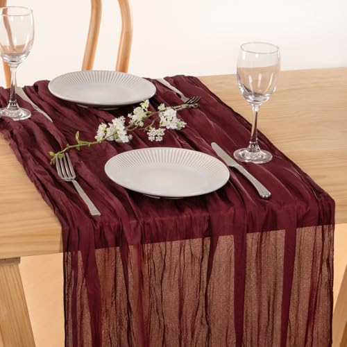 Burgundy Cheesecloth Table Runner Fall Dinning Runner for Christmas, 2 Pack - Image 5