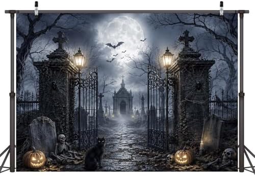 9 x 6 ft Halloween Backdrop Spooky Cemetery Castle Full Moon Pumpkin Black Cat Skeleton Photography Background, Horror Fall Party Decor Photo Booth Props, Kids Birthday Studio Wall Decor Banner - Image 6