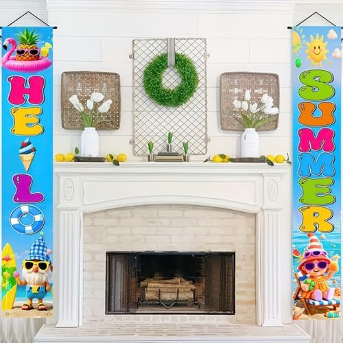 BlissYard 2pcs Welcome Summer Door Banner Hawaiian Gnome Porch Banners Sign Summer Sunshine Beach Front Door Hanging Decor Banner for Seasonal Home Hawaii Tropical Party Outdoor Decorations - Image 3
