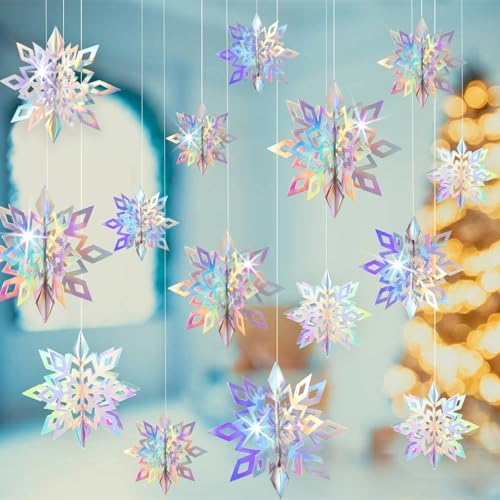 GuassLee Christmas Hanging Snowflakes Decorations Clearance 30pcs 3D Iridescent Paper Snowflakes Snow Flakes Garland for Winter Wonderland Frozen Christmas Birthday Party Decorations by GuassLee