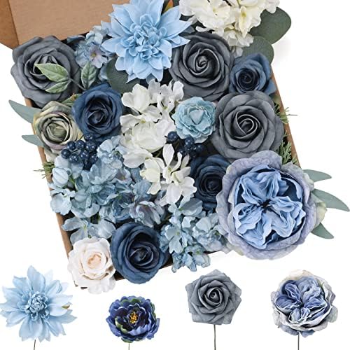 Floweroyal Artificial Flowers Combo Dusty Blue Flowers Mix Silk Flowers Dahlia Roses with Stems for DIY Wedding Bridal Bouquets, Baby Shower, Floral Arrangement, Table Centerpieces, Home Decorations. by FloweroyalCrafts