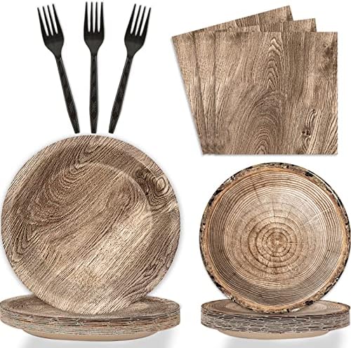 Wiooffen 96 Pcs Camping Wooden Tree Party Supplies Tableware Set Lumberjack Party Decorations Camp Hunting Themed Table Supplies Rustic Paper Plates Napkins Forks for 24 Guests by Wiooffen