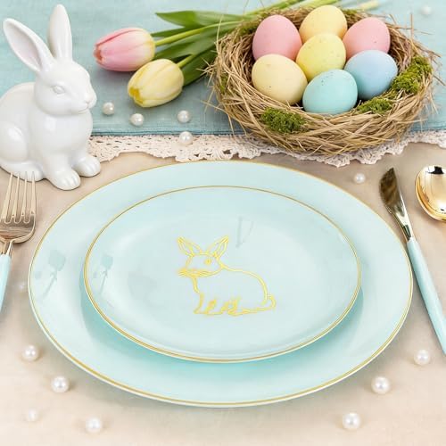 KIRE 60 Pieces Easter plates with Gold Bunny-Mint Green Plastic Plates include 30Pieces 10.25inch Dinner Bunny and 30Pieces 7.5inch Green Dessert/Salad Plates for Easter Day - Image 4