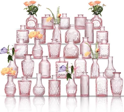Glass Bud Vases Set of 32 - Pink Assorted Small Mini Glass Vases for Flowers, Crystal Vintage Vase Set, Bulk Centerpieces for Table Décor, Wedding, Home and Events (Pink, 32 Pcs) by Unknown