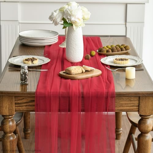 Artoid Mode Red Gauze Table Runner 120 Inch 10FT, Seasonal Sheer Kitchen Dining Holiday Wedding Birthday Baby Shower Table Decor for Home Party - Image 3