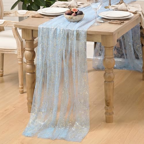 Artoid Mode 6PC Gold Gauze Light Blue Table Runner 120 Inch 10FT, Glitter Metallic Foil Sheer Dining Wedding Anniversary Holiday Birthday Table Decor for Home Party - Image 5