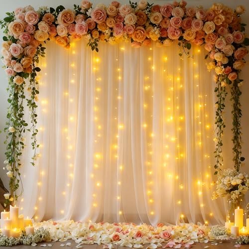 10x8ft White Tulle Backdrop Curtain with Lights String for Parites, Sheer Photo Backdrop Curtains with Lights for Wedding Backdrop Ceremony Reception Bridal Shower Baby Shower Birthday Party - Image 4