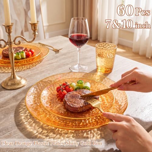 Rubtlamp 60Pcs Orange Plastic Plates, Orange Disposable Plates With Gold Rim, Hammered Plastic Plates Include 30 Dessert Platos, 30 Dinner Platos for Party - Image 3