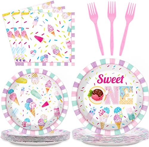 chiazllta 96Pcs Sweet One Ice Cream 1st Birthday Party Paper Plates and Napkins Supplies, Ice Cream First Birthday Tableware Decorations for Party Favors 24 Guests by chiazllta