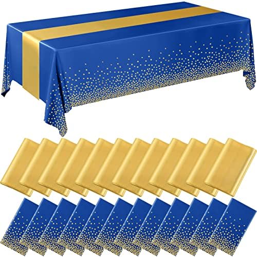 Breling 8 Pack Navy Blue and Gold Tablecloths and Satin Runners Set by Breling