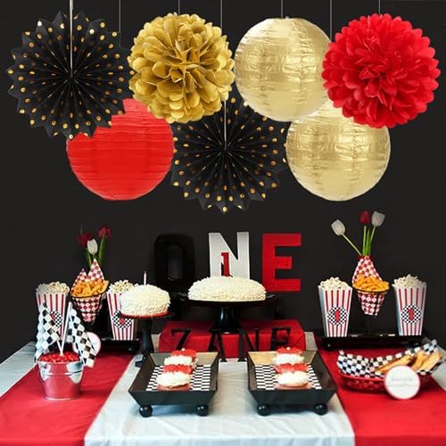 Red-Black Gold Casino Theme Party-Decorations - 20pcs Game Night Paper Lanterns Fans,Tissue Pom Poms,Honeycomb Balls,Bunting,Birthday Graduation Wedding Bridal Baby Shower Decor Burgleda - Image 6
