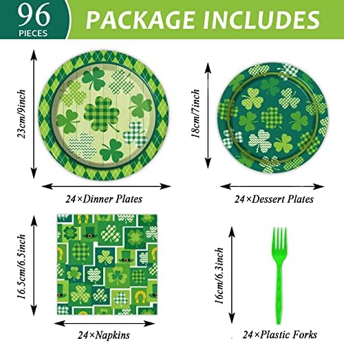 Wiooffen 96 Pcs St. Patrick’s Day Tableware Set Lucky Green Shamrock Plates Irish Festival Party Plates St. Patrick’s Day Plates and Napkins Paper Plates Napkins Forks for 24 Guests - Image 2