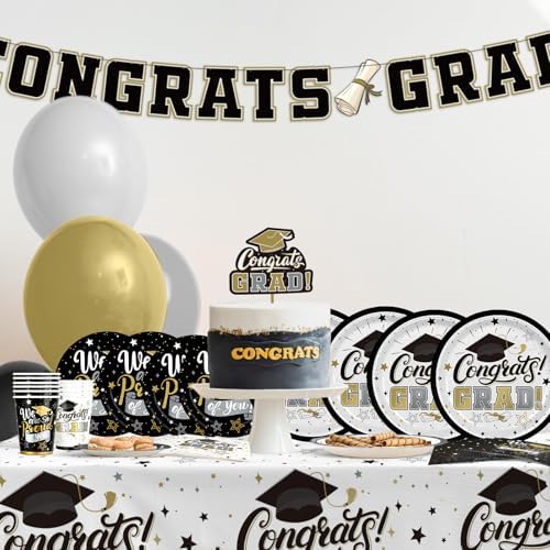 Graduation Decorations 2026 Black and Gold Grad Party Supplies with Disposable Plates, Napkins, Tablecloth, Cups and Congrats Grad Banner for 24 Guests - Graduation Party Decorations - Image 4