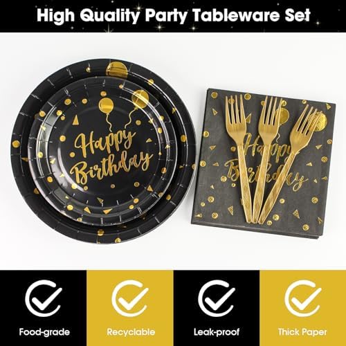 96PCS Happy Birthday Plates and Napkins Party Supplies, Black and Gold Disposable Paper Plates and Napkins with Forks Tableware Set for Birthday Party Decorations 24 Guests (Birthday Black) - Image 3