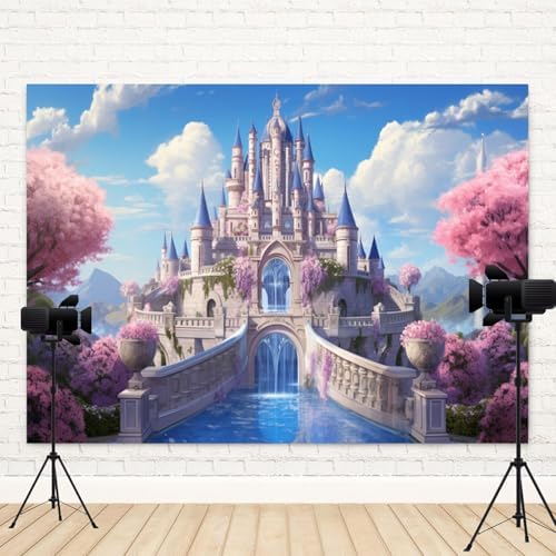 10x7ft Princess Castle Backdrop Pink Floral Blue Sky Photography Background White Cloud Forest Mountain Girls Birthday Baby Shower Banner Decorations Wedding Party Portrait Photo Booth Prop - Image 4
