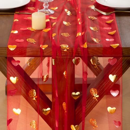 Gold Gauze Table Runner Red Heart Sheer Romantic Wedding Party Table Decor - Image 2