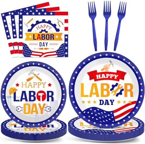 96 Pcs Labor Day Party Supplies for 24 Guests Labor Party Tableware Plates Napkins American Holiday Patriotic Dinnerware Table Decorations Happy Labor Day Party Favor for USA Independence Day by ZOIIWA