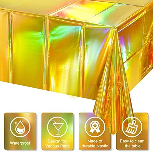 1 Pack Gold Iridescent Plastic Tablecloths Shiny Disposable Laser Rectangle Table Covers Holographic Foil Tablecloth Iridescent Party Decorations Birthday Bridal Wedding Christmas, 54 x 108 Inch - Image 3